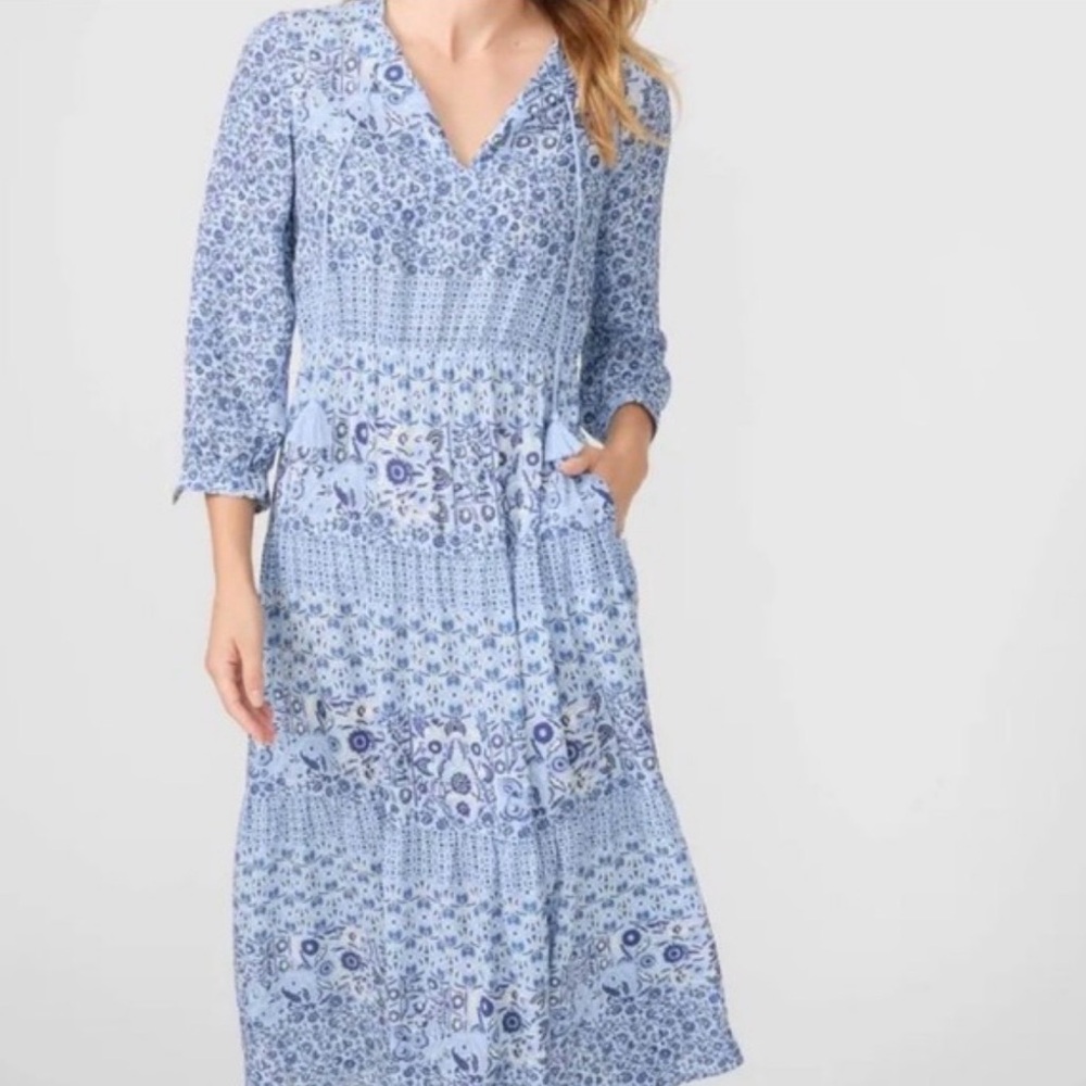J McLaughlin Hortense Dress | Chic Long Sleeve Blue Patterned Dress